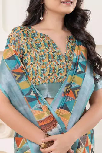 Green printed linen casual saree with blouse piece