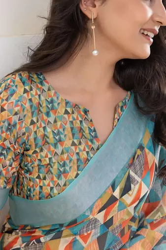 Green printed linen casual saree with blouse piece