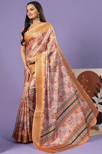 Orange elegant printed polycotton saree with blouse piece