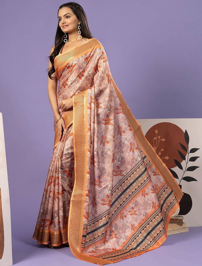 Orange elegant printed polycotton saree with blouse piece