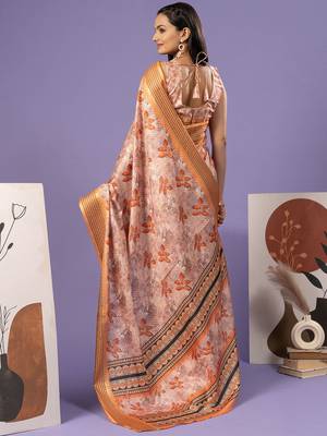 Orange elegant printed polycotton saree with blouse piece 2