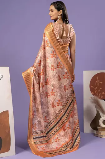 Orange elegant printed polycotton saree with blouse piece