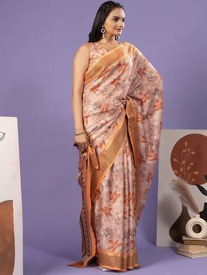 Orange elegant printed polycotton saree with blouse piece 3