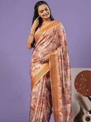 Orange elegant printed polycotton saree with blouse piece 4