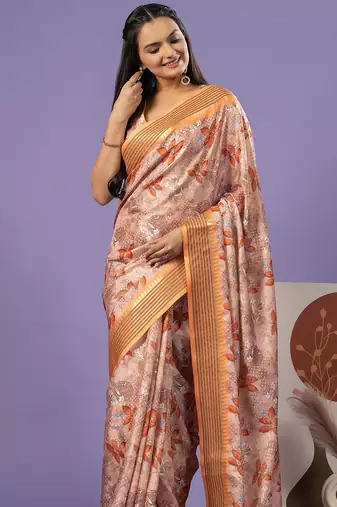 Orange elegant printed polycotton saree with blouse piece