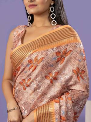 Orange elegant printed polycotton saree with blouse piece 5