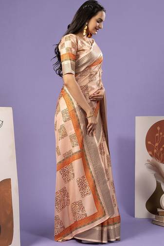 Cream elegant printed polycotton saree with blouse piece