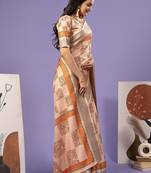 Cream elegant printed polycotton saree with blouse piece