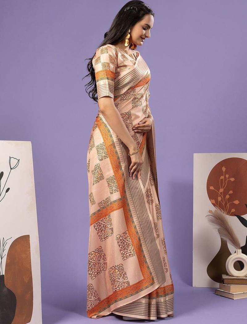 Cream elegant printed polycotton saree with blouse piece