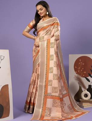 Cream elegant printed polycotton saree with blouse piece 2