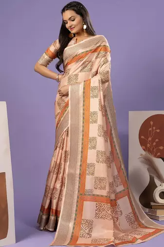 Cream elegant printed polycotton saree with blouse piece