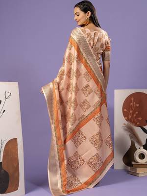 Cream elegant printed polycotton saree with blouse piece 3