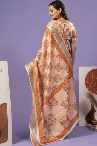 Cream elegant printed polycotton saree with blouse piece
