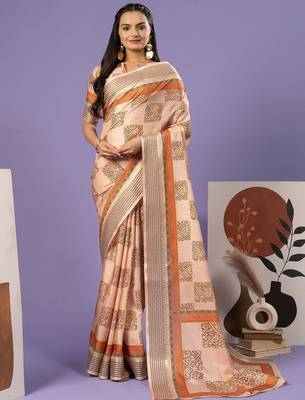 Cream elegant printed polycotton saree with blouse piece 4