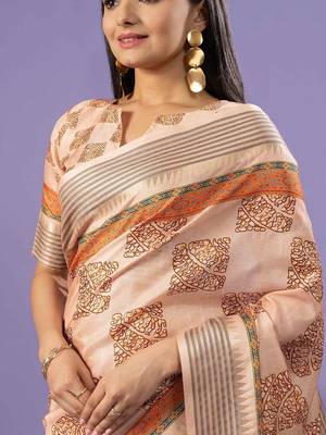 Cream elegant printed polycotton saree with blouse piece 5