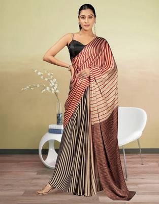 Gold printed satin fashion saree with blouse piece 1