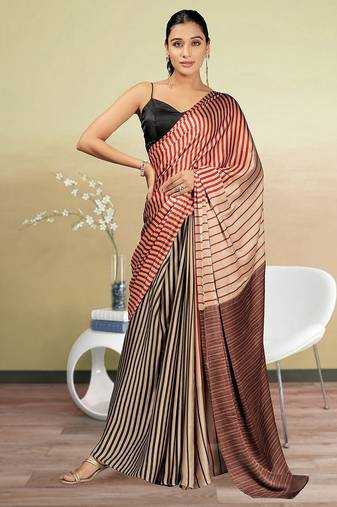 Gold printed satin fashion saree with blouse piece