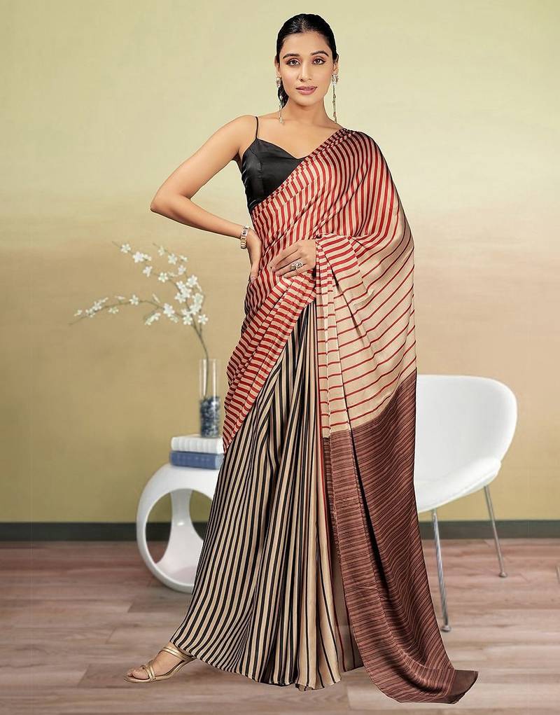 Gold printed satin fashion saree with blouse piece