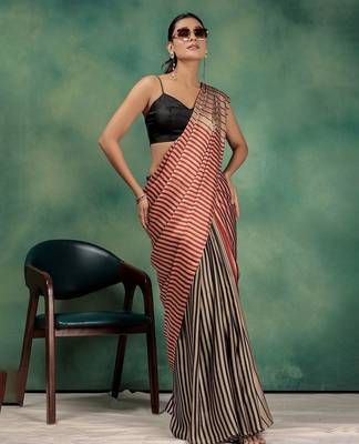 Gold printed satin fashion saree with blouse piece 2