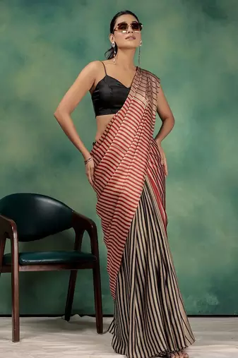 Gold printed satin fashion saree with blouse piece