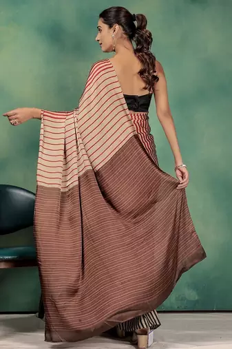 Gold printed satin fashion saree with blouse piece