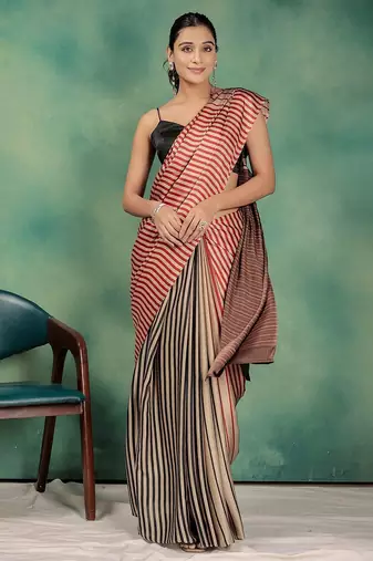 Gold printed satin fashion saree with blouse piece