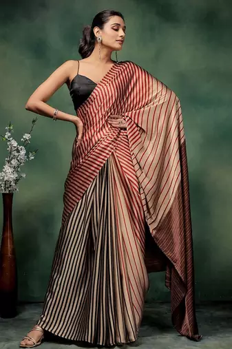 Gold printed satin fashion saree with blouse piece
