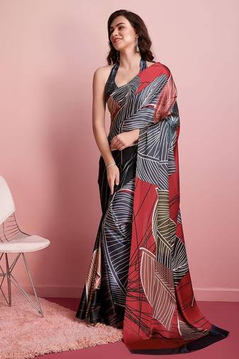 Red printed satin fashion saree with blouse piece