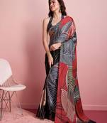 Red printed satin fashion saree with blouse piece