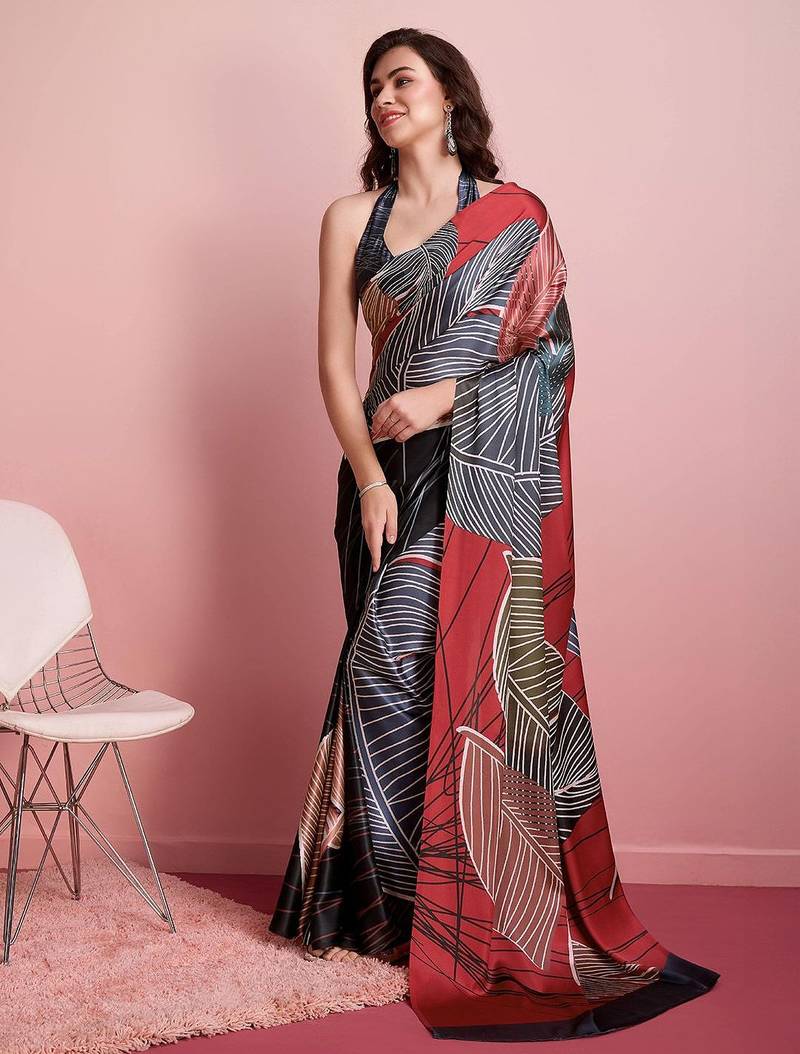Red printed satin fashion saree with blouse piece