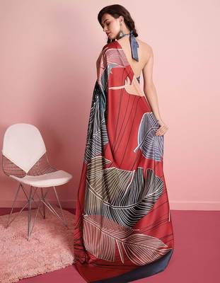 Red printed satin fashion saree with blouse piece 2