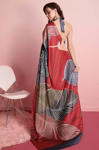 Red printed satin fashion saree with blouse piece