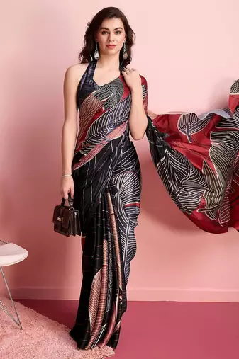 Red printed satin fashion saree with blouse piece