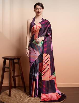 Purple printed satin fashion saree with blouse piece 1