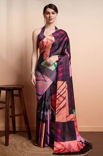 Purple printed satin fashion saree with blouse piece