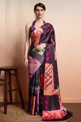 Purple printed satin fashion saree with blouse piece