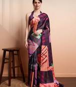 Purple printed satin fashion saree with blouse piece