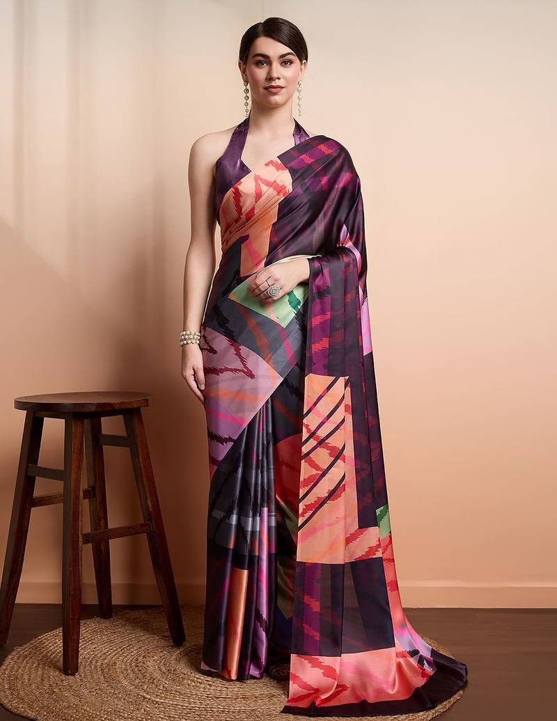 Purple printed satin fashion saree with blouse piece