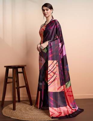 Purple printed satin fashion saree with blouse piece 2