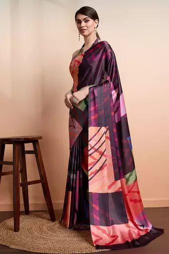 Purple printed satin fashion saree with blouse piece