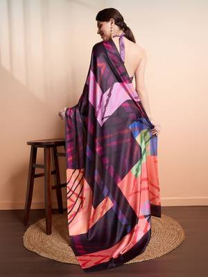 Purple printed satin fashion saree with blouse piece 3