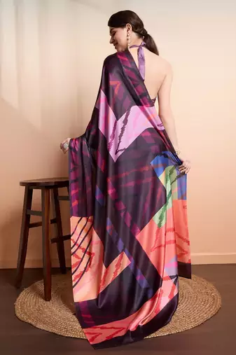 Purple printed satin fashion saree with blouse piece