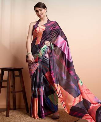 Purple printed satin fashion saree with blouse piece 4