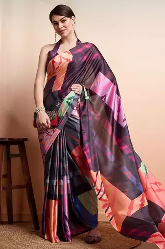 Purple printed satin fashion saree with blouse piece