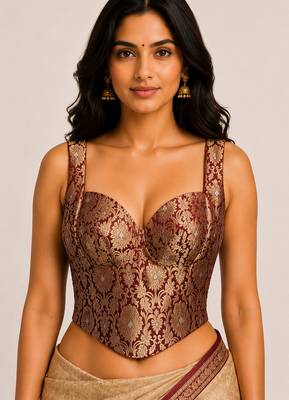 Maroon zari woven jacquard silk designer readymade saree blouse for women wedding party wear 2