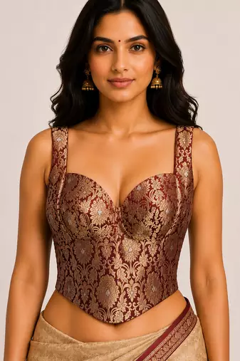 Maroon zari woven jacquard silk designer readymade saree blouse for women wedding party wear