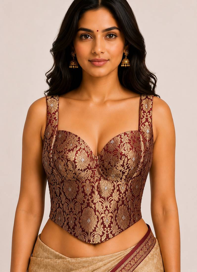 Maroon zari woven jacquard silk designer readymade saree blouse for women wedding party wear