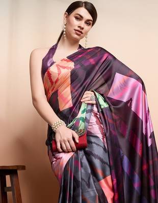Purple printed satin fashion saree with blouse piece 5