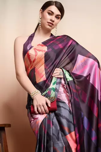 Purple printed satin fashion saree with blouse piece