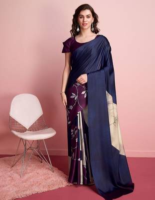 Blue printed satin fashion saree with blouse piece 1